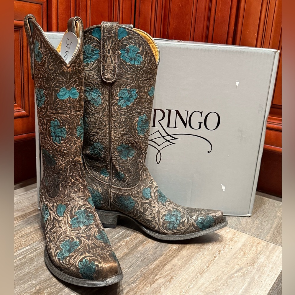 Old Gringo Cowboy Boots Edwine Turquoise Brown Floral Flower Wedding Tooled 7.5 - Picture 5 of 10